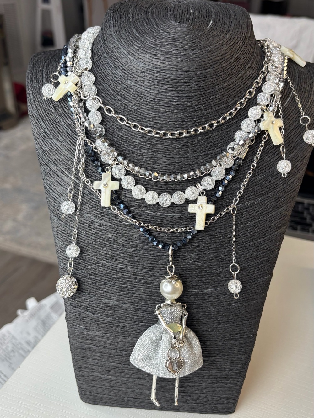 Silver Multi-Layer Cross & Doll Pendant Necklace - Silver